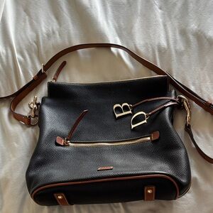Dooney & Bourke Black Leather Shoulder Bag with Brown Trim and Gold Hardware